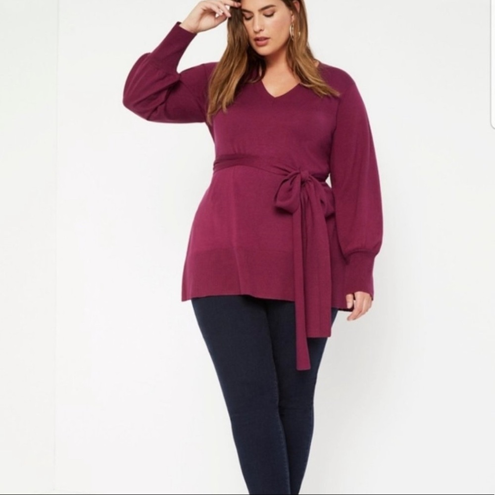 Eloquii Plum Eggplant V-neck Tie Waist Jersey Tunic Sweater